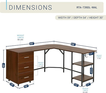 Techni Mobili L Shaped Desk - Two-Toned Computer Desk with Drawers & Storage Shelves - Simple Modern Furniture & Home Office Space Corner Table for Work & Writing | 59" two‑tone L‑shaped desk with storage shelves, durable frame, modern corner workstati...