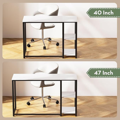 SINPAID 40" Small Computer Desk with Study Shelves for Home Office,White | Easy Assembly Study Desk, Sturdy Writing Desk for Bedroom & Home Office, Cream White