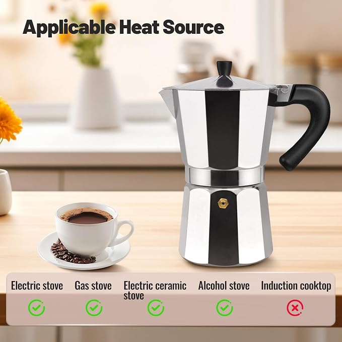 6 Cup Aluminum Moka Pot Classic Stovetop Espresso Coffee Maker 300ml 10oz Coffee maker Percolator Mocha Pot Greca Coffee Maker Cafe Makers for Italian and Cuban Café Brewing Silver