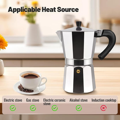 6 Cup Aluminum Moka Pot Classic Stovetop Espresso Coffee Maker 300ml 10oz Coffee maker Percolator Mocha Pot Greca Coffee Maker Cafe Makers for Italian and Cuban Café Brewing Silver