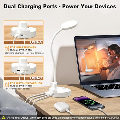 15W LED Desk Lamp with USB Charging Ports, [Button & Remote Control] Dimmable Table Lamp with 3 Color Modes, 5 Brightness Levels, 4 Timers, Flexible Reading Light for Home Office, Bedroom, Kids Study