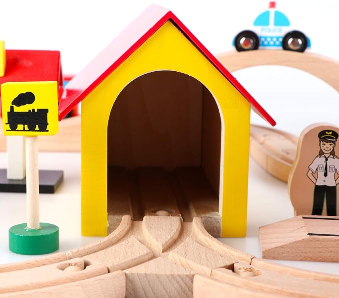 Qilay 69 PCS Wooden Train Set -Premium Wood Train Tracks & Trains Toys for Toddlers 3,4,5 Years Old, Expandable Train Toys Railway Kits for Girls Boys, Fit All Major Bands Train Tracks Set