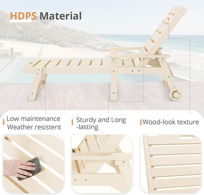 LUE BONA Outdoor Chaise Lounge Chairs Set of 4, HDPS Chaise Lounger, 5 Positions Adjustable Lounge Chairs, Pool Lounge Chair with Wheels for Poolside, Sand