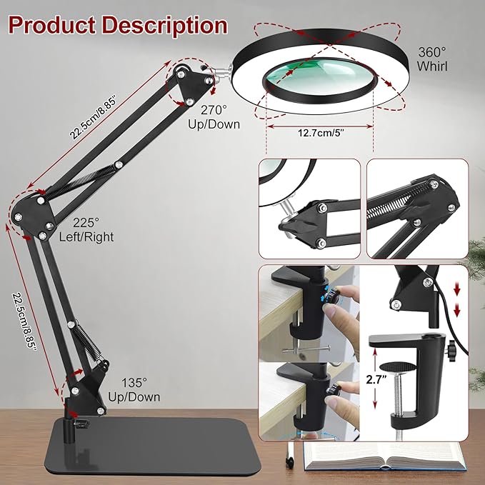 12X Magnifying Glass with Light and Stand,5 Inches 2-in-1 Lighted Magnifier with Clamp 5 Color Modes LED Desk Lamp,Hands Free for Craft Hobby Reading Painting Sewing Close Work (5 Inches)