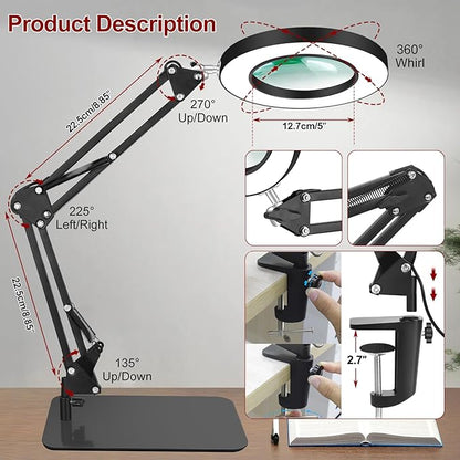 12X Magnifying Glass with Light and Stand,5 Inches 2-in-1 Lighted Magnifier with Clamp 5 Color Modes LED Desk Lamp,Hands Free for Craft Hobby Reading Painting Sewing Close Work (5 Inches)