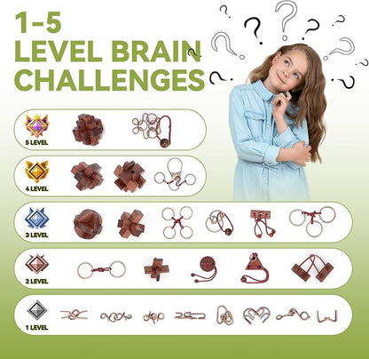 24 Pcs Brain Teaser Puzzles for Adults and Teens - Metal Puzzles 3D Puzzle Game Toys for Adults Teens - Wooden Unlock Interlocking Puzzle Adult IQ Education Smart Toys