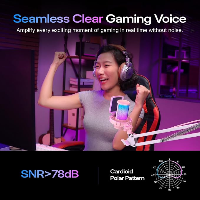 MAONO DGM20S USB Microphone for PC with Clear Voice & Noise Reduction | RGB Lighting, Tap-to-Mute, Gain Control, Monitoring and Boom Arm for Discord Gaming, Streaming, Content Creation.Pink