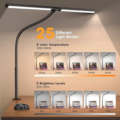 Led Desk Lamp for Office Home - 2 Pack Eye Caring Architect lamp with Clamp,Dual Screen Computer Monitor Gooseneck Smart Light: 24W 5 Color Flexible Adjustable Lighting Table Lamp for Study