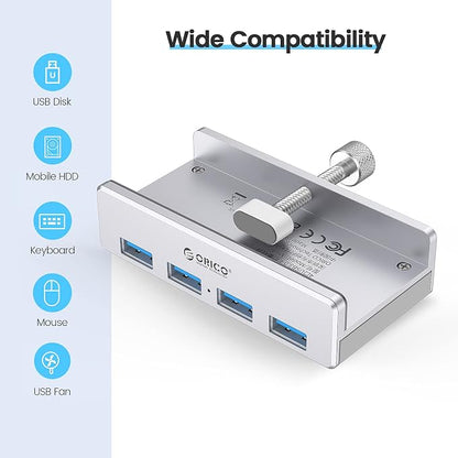ORICO USB 3.0 Hub, USB Hub Clamp, Aluminum 4-Port USB Splitter with 4.92 FT USB Data Cable, Desktop Powered USB Hub for Monitors/Desks-Silver (Without Power Adapter)