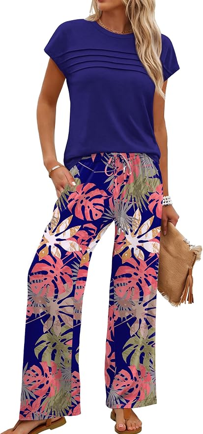WIHOLL Two Piece Set for Women Summer Spring Outfits Matching Sets Women Clothing Airport Travel Vacation Wide Leg Pants