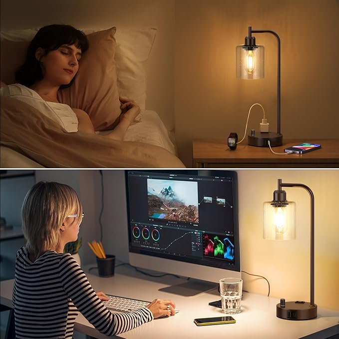 Innqoo Industrial Table Lamps for Bedrooms Set of 2 - Fully Dimmable Bedside Lamps with USB Ports and Outlet, Brown Nightstand Lamps with Glass Shade for Living Room, Desk Lamps for Office Reading
