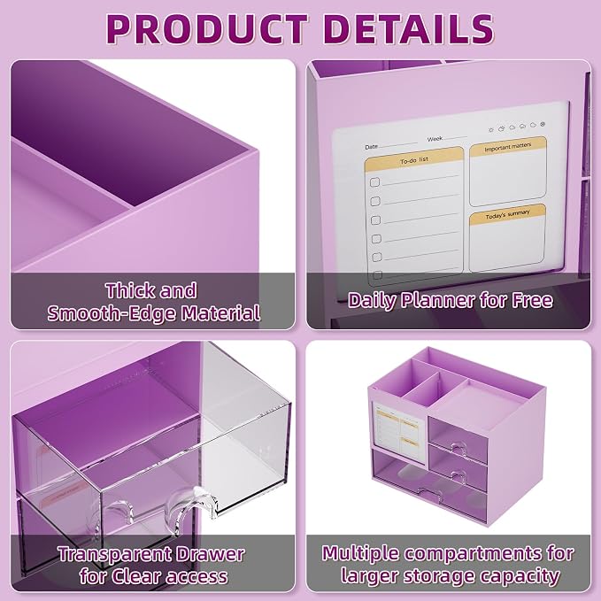 Marbrasse Desk Organizer with 3 Drawer, Multi-Functional Pencil Pen Holder, Desk Organizers and Accessories with 4 Compartments,Desktop Organizer Storage for Office Home Art Supplies (Purple)