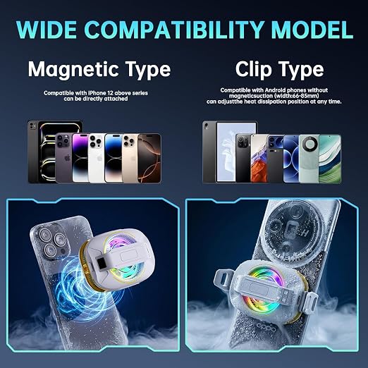 Cell Phone Cooler for Gaming, Magnetic Portable Rechargeable Battery Mobile Phones Radiator, Cellphone Fan Cooler with RGB Lights for iPhone Series, iPad Pro Tablet, Android, TikTok Live