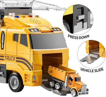 TEMI Construction Truck Set with Play Mat, Carrier Truck Toys for Kids Toddlers, Die-Cast Metal Toy Car Set, Christmas Birthday Gift for Age 3 4 5 6 + Years Old Boys Girls