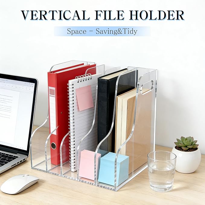 5-Tier Clear Acrylic File Holder, Vertical Document Organizer for Magazines, Binders, Notebooks & Envelopes - Multi-Purpose Desk Storage for Home Office（A4,5 Sections）