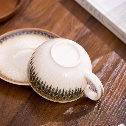 Coffeezone Vintage Design 12 oz Ceramic Latte Art Cappuccino Barista Cup with Saucer (Embossed Vintage)