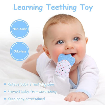 2Pack Silicone Teething Mitt, Soothing Infant Teething Mitten Pain Relief, Prevent Scratches Glove, Safe Silicone Teething Toys for 0-12 Months Blue