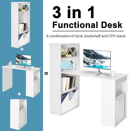 Tangkula White Computer Desk with Bookshelf, Writing Study Desk with Storage Shelves & CPU Stand, Modern Compact Computer Workstation for Home & Office, Space-Saving Design | Modern Compact Workstation w/Bookshelf Storage & CPU Stand, Space-Saving Desi...