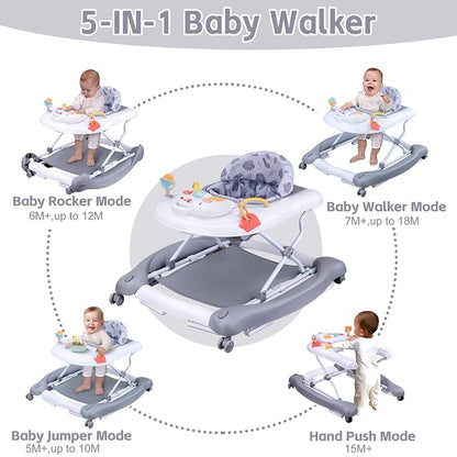 5 in 1 Foldable Baby Walker, Activity Baby Walker-Baby Bouncer, Rocker, Activity Center,Seat and Push Walker,Detachable Trampoline Mat, Adjustable Speed Rear Wheels and Height,Ages 6-18 Months(Grey)