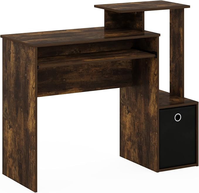 Furinno ECON Desk, 40" Gaming Desk with Keyboard Tray, Computer Desk, Office Desk with Side Shelves and Storage Bin, 40-Inch, for Home Office, Study Room, Dorm, Amber Oak