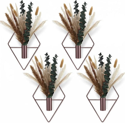 Jexine 8 Pcs Hanging Planters with Artificial Pampas Metal Hanging Vase Indoor Plants Holder Modern Geometric Boho Bathroom Wall Decor for Living Room Home Office(Bronze)