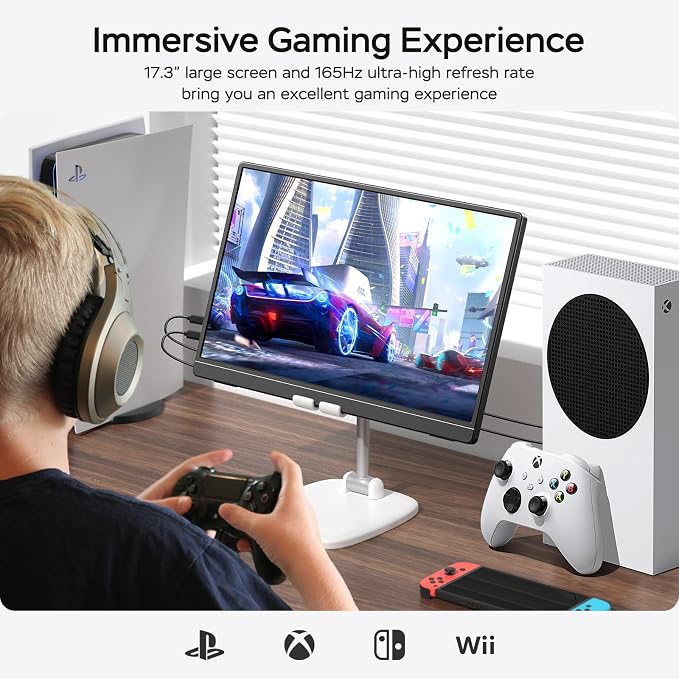 MNN 17.3" QHD 165Hz USB-C HDMI Gaming Monitor | 17.3" QHD 165Hz IPS 100% sRGB, USB-C/HDMI, kickstand, slim metal, travel gaming for PC/Phone/PS5/Xbox.