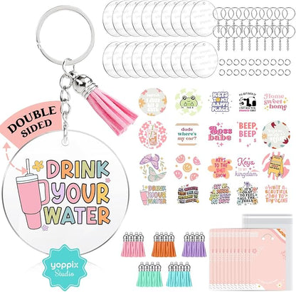 YOPPIX 140 PCS Acrylic Keychain Blank Set, Funny Double-Sided UV DTF Stickers Acrylic Keychain Making Kits for Vinyl DIY Craft Project