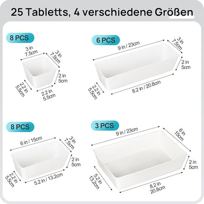Vtopmart 25 PCS Plastic Drawer Organizers Set, 4-Size Versatile Bathroom and Vanity Drawer Organizer Trays, Storage Bins for Makeup, Bedroom, Kitchen Gadgets Utensils and Office | 4-Size Versatile Makeup Organizer, Storage Containers Small Bins for Mak...