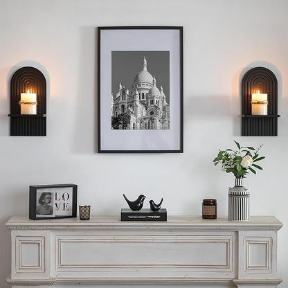 Black Wall Candle Holder: Wood Arch Candle Sconces Set of 2 | Modern Minimalist Shelf, with A Location Board Slot, for Plants Pillars, for Hallway Fireplace Bedroom