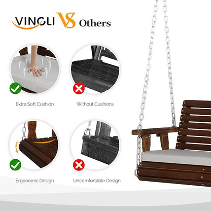 VINGLI Heavy Duty 880 LBS Patio Wooden Porch Swing Outdoor with Extra Cushion, Farmhouse Hanging Bench Tree Swing with Adjustable Chains for Yard | Garden | Lawn | Balcony (5 FT, Rustic)