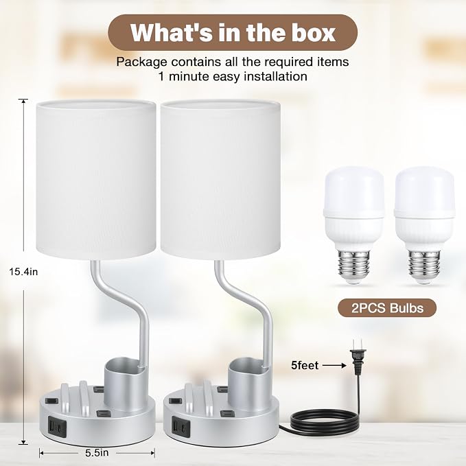 Fenmzee Bedside Lamps for Bedroom Set of 2 - Table Desk Lamp for Nightstand | 15" Table Lamp for Living Room with Pen Holder & Phone Stand, USB A+C Port, AC Outlet, 3 Color Temperature, LED Bulb Included