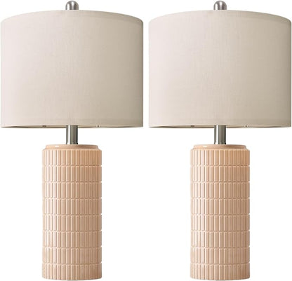 PoKat 23" Pink Ceramic Table Lamps Set of 2, Modern Bedroom Lamps for Girls Room, Bedside Lamps for Night Stands, Cute Lamps for Living Room Decor, Nightstands Desk Lamp, Pink