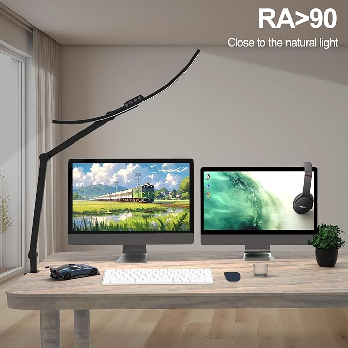 Architect Desk Lamp with Clamp, 1500LM Bright Curved 24W Led Desk Light for Home Office, Adjustable Clip On Rotating Office lamp Tall Dimmable Overhead Table Light for Computer Drafting