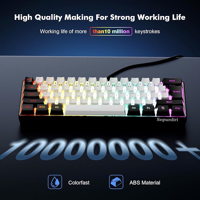 Snpurdiri 60% Wired Gaming Keyboard, 61 Keys RGB (Black-White) | Backlit Ultra-Compact Small Gaming Keyboard, for PC/Mac Gamer, Typist, Travel, Easy to Carry on Business Trip