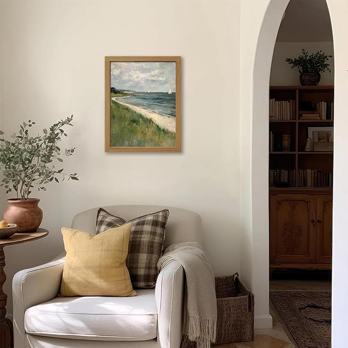 CXQILVER Framed Vintage Coastal Wall Art, Rustic Beach Seascape Sailboats Canvas Wall Decor Ocean Landscape Painting Picture for Coastal Cottage Living Room Bedroom Bathroom Decor 16x24 Inch