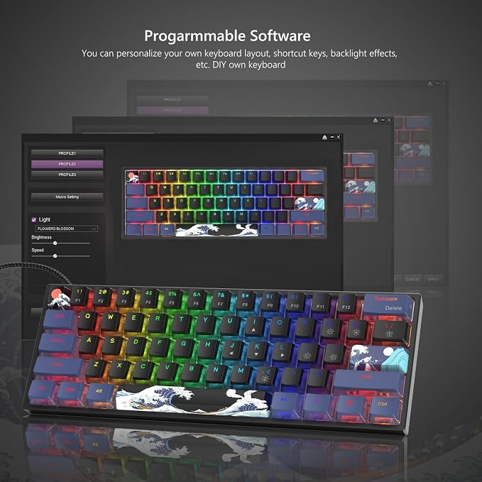 Womier 60% Percent Keyboard Gaming, Creamy Mechanical Wired Keyboard Anime | Hot-Swappable RGB Key board with PBT Keycaps for Windows PC Gamers - POM Linear Red Switch WK61 V2 Black Kanagawa