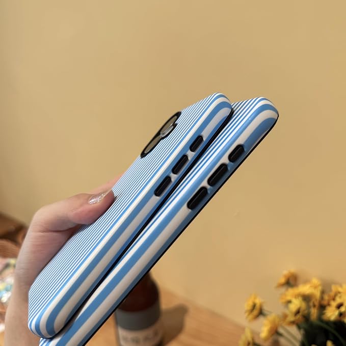 for iPhone 15 Case Striped Cute Aesthetics Phone Case Trendy Protective Shockproof Cover for iPhone 15 Blue White