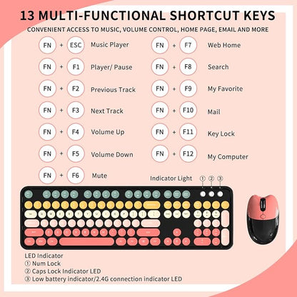 Wireless Keyboard and Mouse, MOFII 104 Round Keycaps Retro Typewriter with OTG & Brush, Full-Size Ergonomic, Ideal for Windows PC, Home, Office and College Rainbow Red