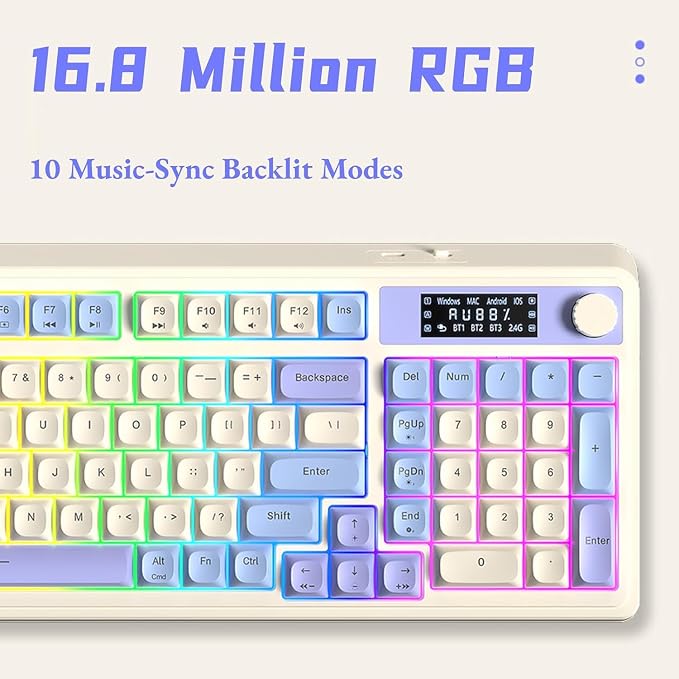 AULA S99 Pro Wireless Keyboard, Gaming Keyboards Media Knob Custom RGB Backlit, 3-Modes BT/2.4G/USB-C Membrane Cute Creamy Keyboard for Windows/MAC/PC Gamer - Blue White