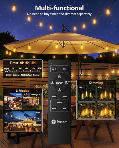 Brightown 151FT Solar String Lights Outdoor Waterproof with Remote, 48+2 LED Shatterproof Bulbs, Dimmable & Timable, 3 Light Modes - Commercial Grade Patio Lights for Garden Backyard Party Decor