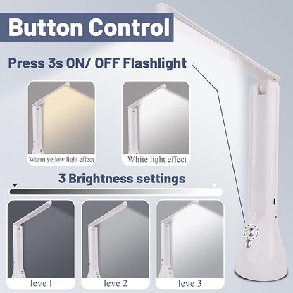 2-in-1 LED Desk Lamp Base with Flashlight for Home Office, Rechargeable, 3 Lighting Modes, Foldable & Portable Light, Cordless Table Bedside lamps, White