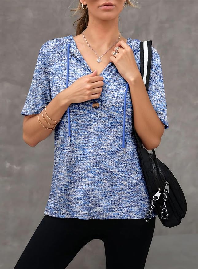 Dokotoo Womens Summer Tops 2026 Short Sleeve Button V Neck Waffle Knit Lightweight Drawstring Hoodies Casual Blouses Shirts