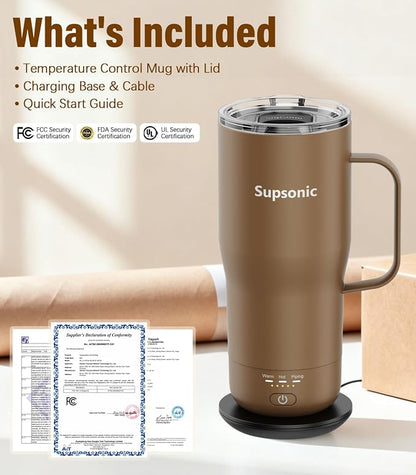 Supsonic Heated Coffee Mug Rechargeable, 20oz Long-Lasting Battery (S3) | Dry-burn protection, 2Hr auto-off, 3-Temp settings, Constant temperature, Inner stainless steel, Warm gift for men women