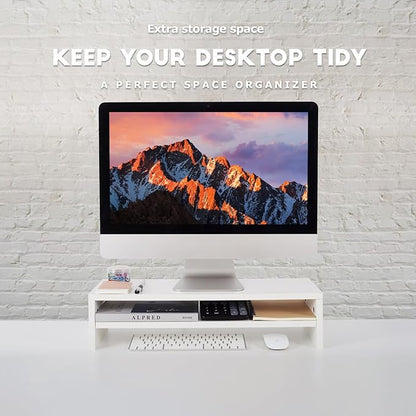 BEYGORM Monitor Stand Riser White, 21.6 inch 2 Tiers Wood Desk Shelf Computer Screen Stand with Storage for Desktop Laptop/Screen/TV/PC/Printer, Desk Shelf Organizer 21.6" L x 7.8" W x 5.2" H | For Full Keyboard, Computer Screen Stand with Storage for ...