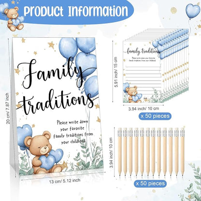 Fumete 61 Pieces Family Tradition Baby Shower Games Include 1 Family Traditions Standing Sign and 50 Activities Cards with 10 Pencils for Gender Reveal Bridal Shower Wedding(Blue,Bear)