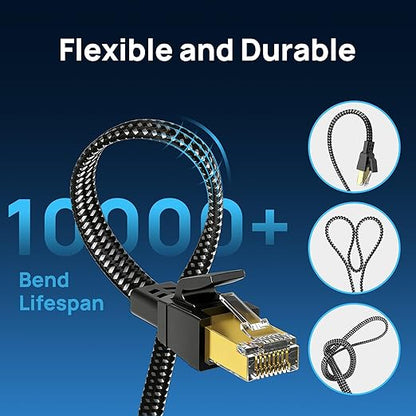 Orbram Cat 8 Ethernet Cable 7 ft, Nylon Braided High Speed Heavy Duty Network LAN Patch Cord, 40Gbps 2000Mhz SFTP RJ45 Flat Internet Cable Shielded in Wall, Indoor&Outdoor for Modem/Router/Gaming/PC