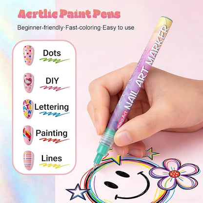 YOUKOYI Nail Art Pens, 12 Colors Precision Tip Nail Art Markers Set Easy to Use for Beginners, Vibrant Quick-Dry Paint for DIY Nail Design & Detailed Drawing - Professional Manicure Tools Kit