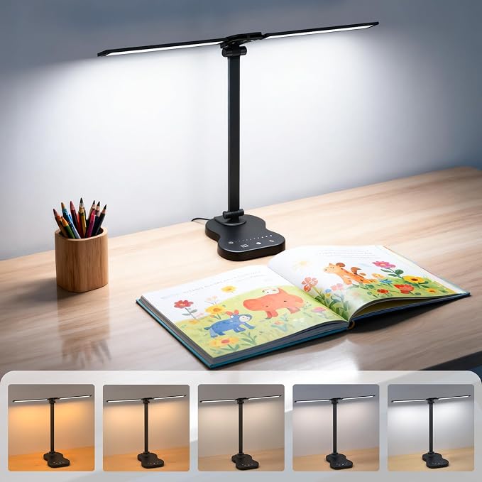 LED Desk Lamp with USB Charging Port, 5 Color Modes 10 Brightness, Dual Swing Arm Dimmable Desk Lamps for Home Office Nail Dorm (Black)