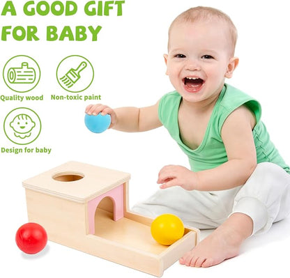 Adena Montessori Object Permanence Box with Tray Three Balls Montessori Toys for 6-12 Months Baby 1 Year Old Infant Toddler Wooden Pink Door for Girl