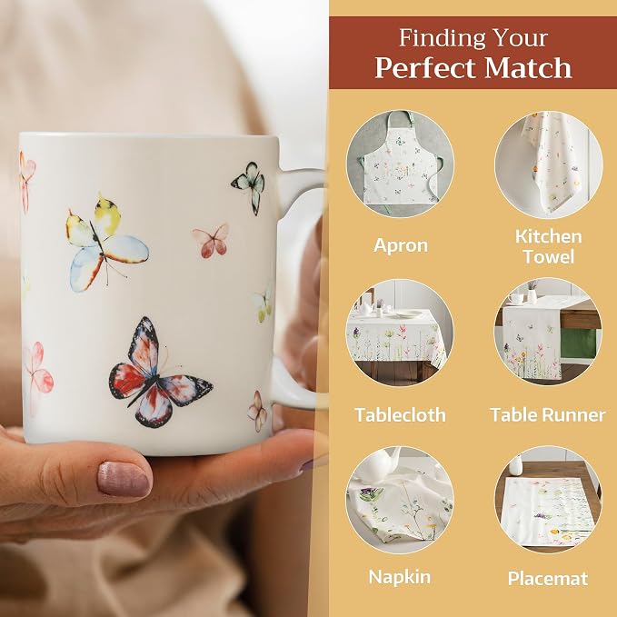 Maison d' Hermine Coffee Mug with Handles Tea Cups (12 Ounce, Pack of 1) | Fine Bone China Coffee Mugs for Hot Beverages Cappuccino Latte Home Restaurant Spring Summer -Botanical Fresh - Butterflies